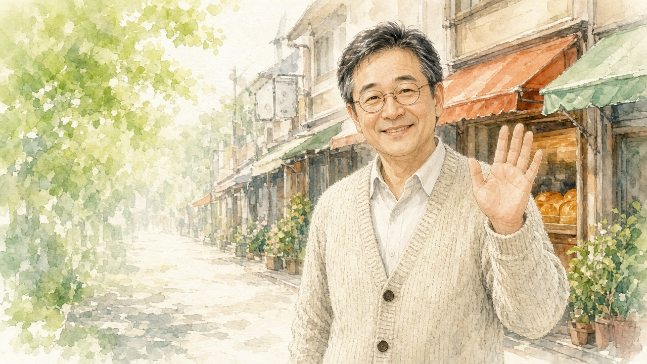商店街の前で手をふる陽向まもるのイラスト