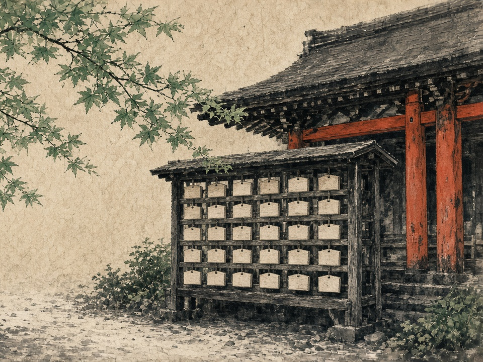 拝殿の脇に並ぶ絵馬掛けと朱の柱